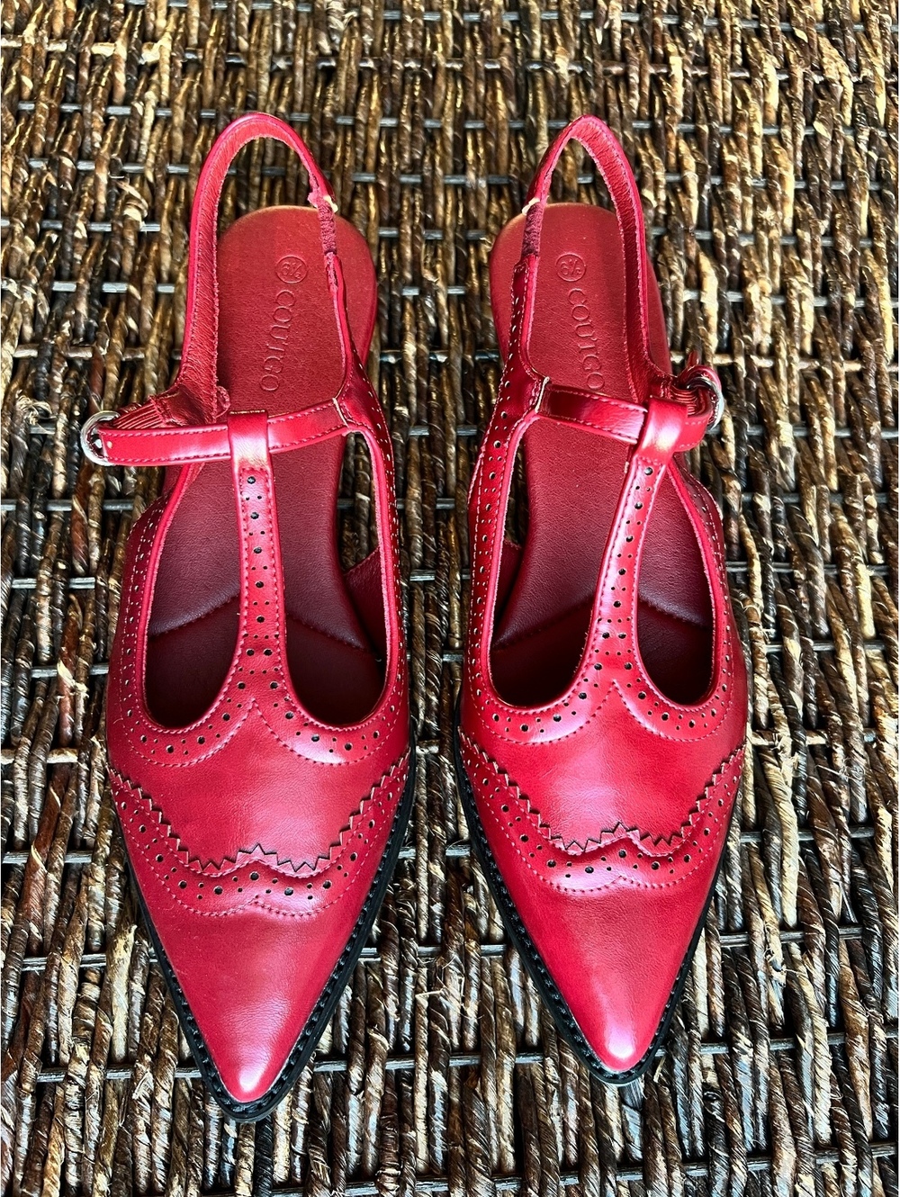 Coutgo Red T Strap Mary Jane Heels Pointed Toe